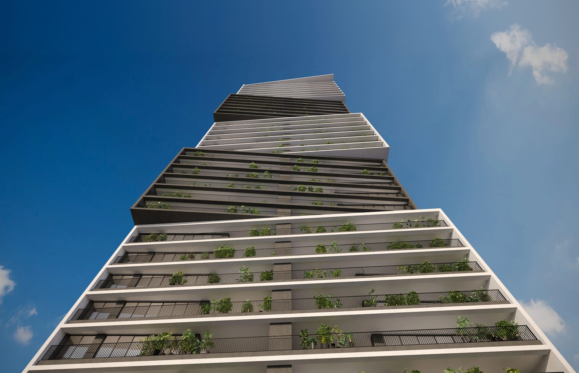 Fachada do edifício ARQ Opus vista de baixo, no Setor Bueno, Goiânia