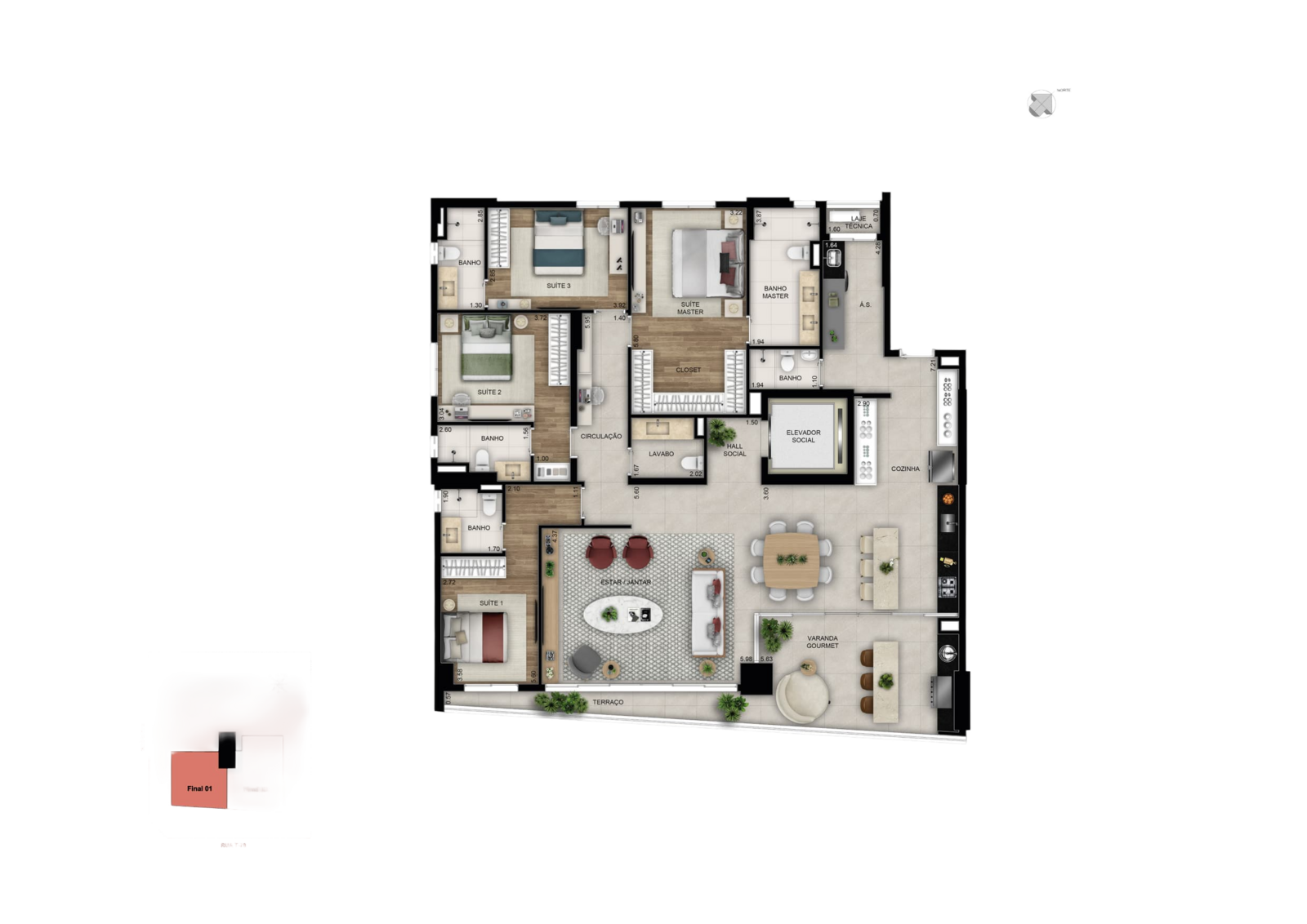 Suíte do apartamento decorado do ARQ Opus